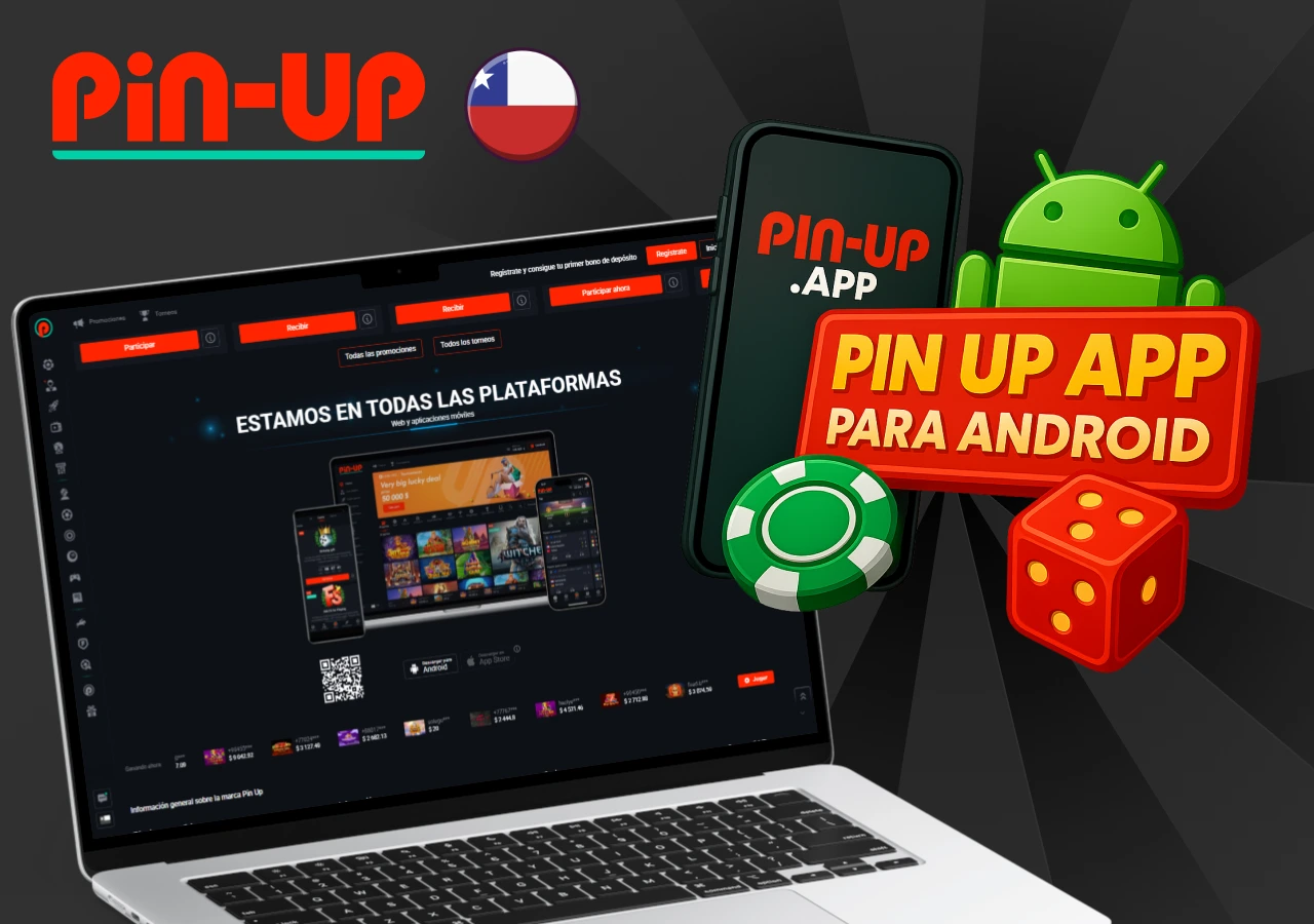 Computadora con interfaz del casino Pin-Up y logotipo de Android promoviendo la app móvil oficial para dispositivos Android